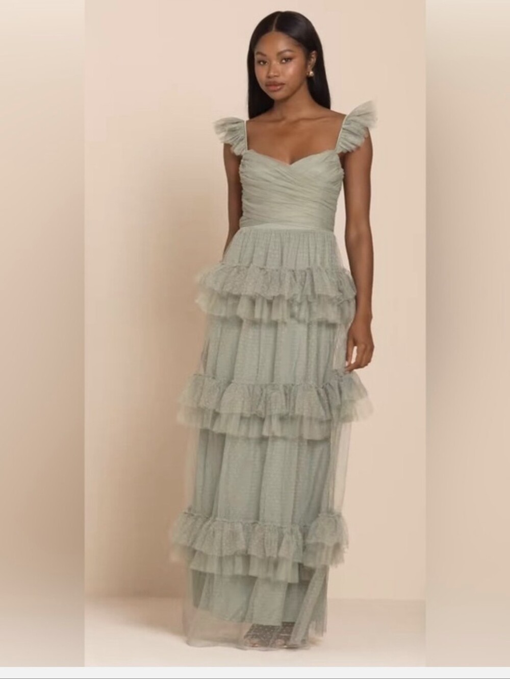 Lulu's Sage Ruffled Tulle Maxi Dress-Prom/Homecoming